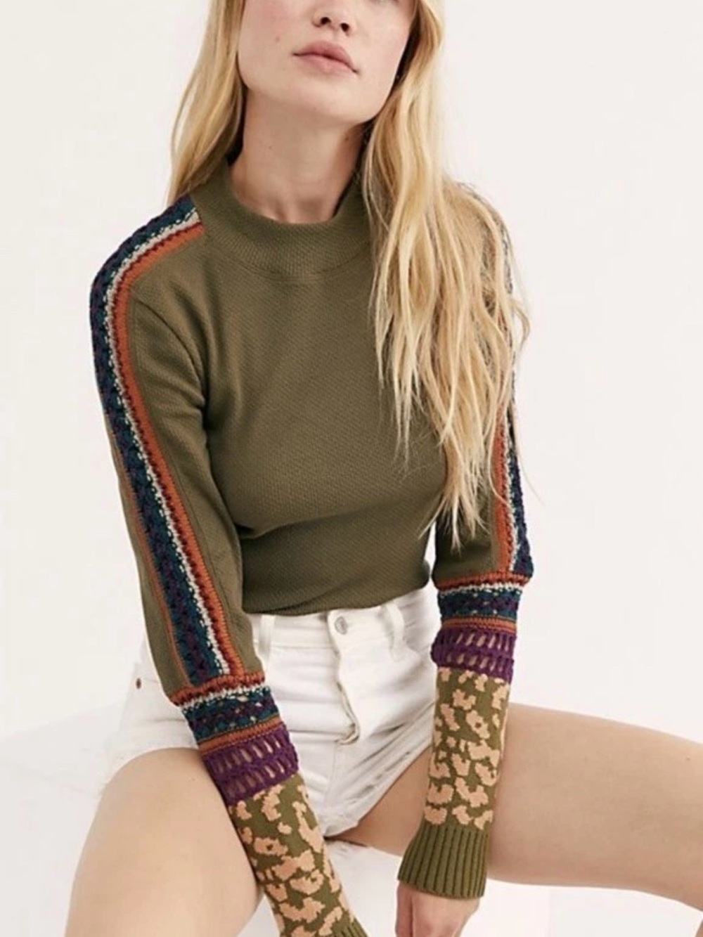 Rare Free People Switch It Up Boho Thermal Knit Decorative Fun Cuff Top L